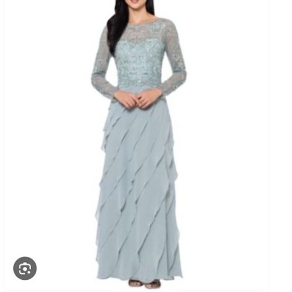 XSCAPE Women's Blue Sequin Lace Long Sleeve Maxi Dress‎ Formal Evening Gown New